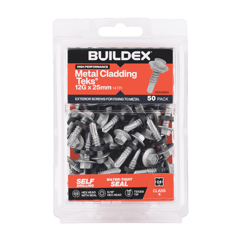 Buildex 12G x 25mm Class 4 Metal Cladding Hex Head TEKS Screws with Seal, 50 Pack