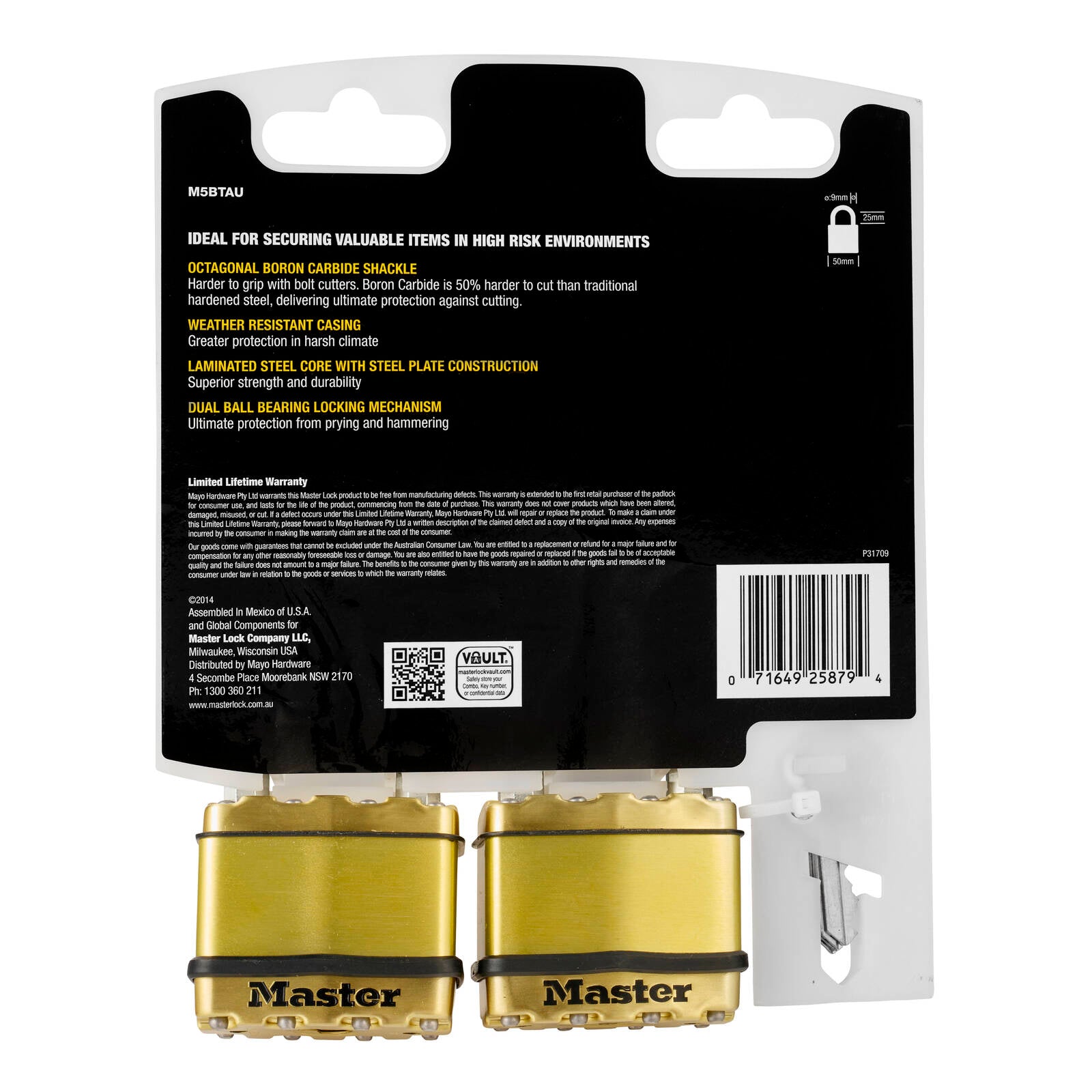 Master Lock 50mm Excell Padlock 2 Pack Laminated Steel Boron-Carbide Shackle