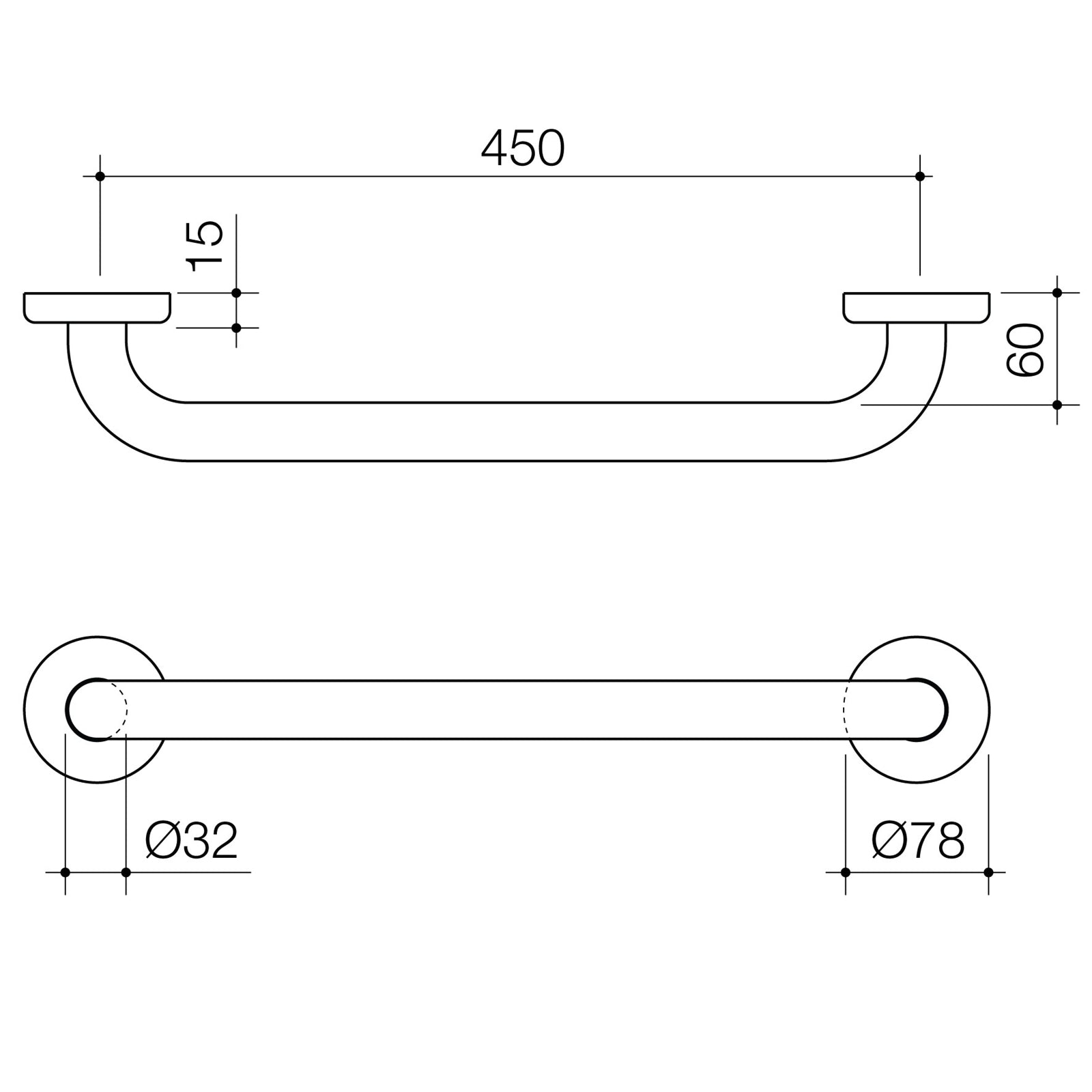 Caroma 450mm Chrome Stainless Steel Grab Rail 32mm Wall Mount 687371C