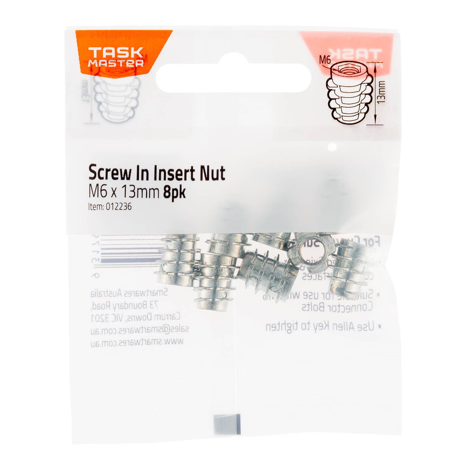 Taskmaster 6 x 13mm Screw In Insert Nut Curved Surfaces 8 Pack