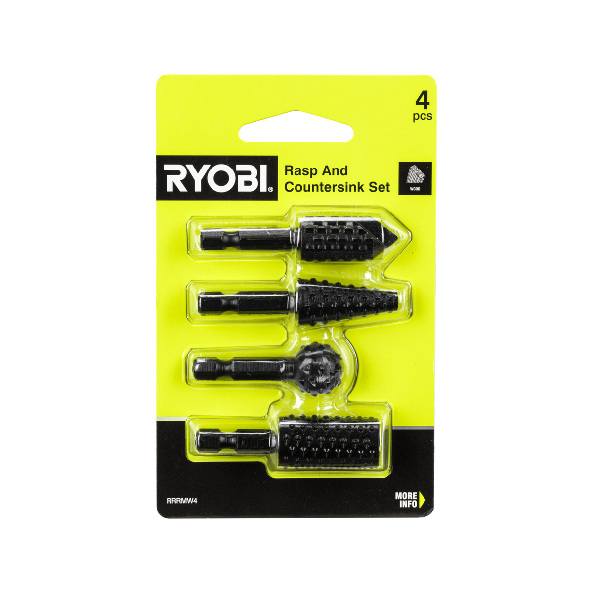 Ryobi 4 Piece Mixed Wood Rasp Set - 1/4" Hex Shank for Drill/Drivers
