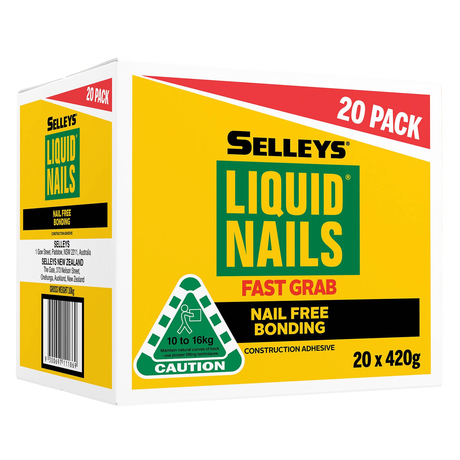 Selleys Liquid Nails Fast Grab Construction Adhesive 420g - 20 Pack, Acrylic Polymer, Bridges Gaps