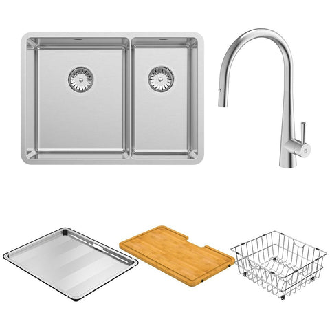 Abey Lucia Sink Pack - 1 and 1/3 Bowl, Satin Mirror, 25 Year Warranty, Pull Out Tap - LUA190TPK