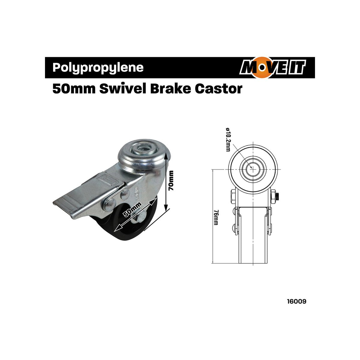 Move It 50mm Steel Hole-Mount Swivel Castor with Brake