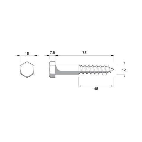 Zenith M12 x 75mm Hot Dip Galvanised Hex Head Coach Screw - Coarse Thread