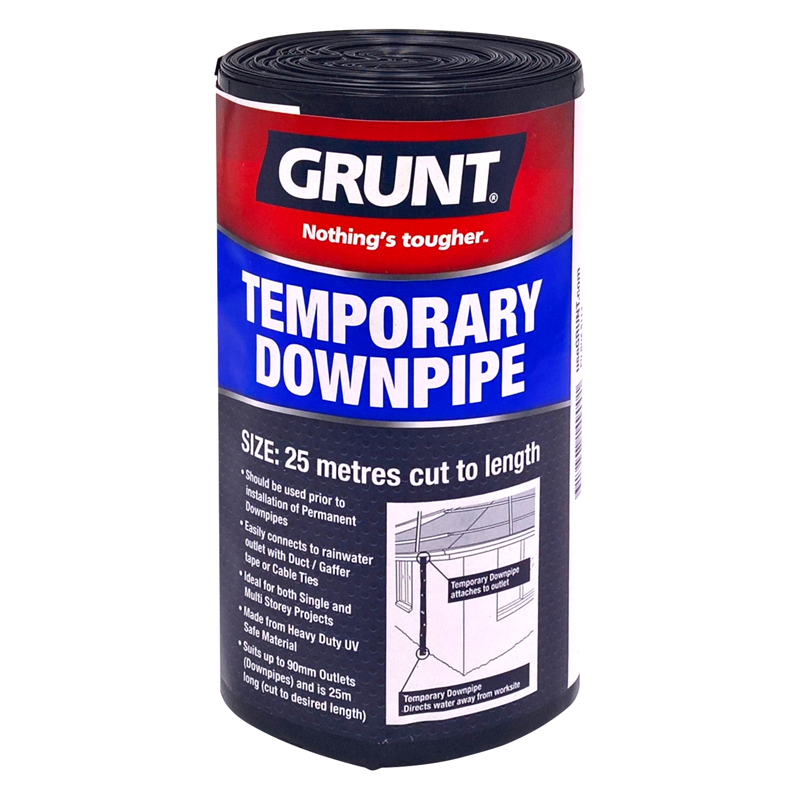Grunt 90mm x 25m Black 100um Polythene Temporary Downpipe Roll