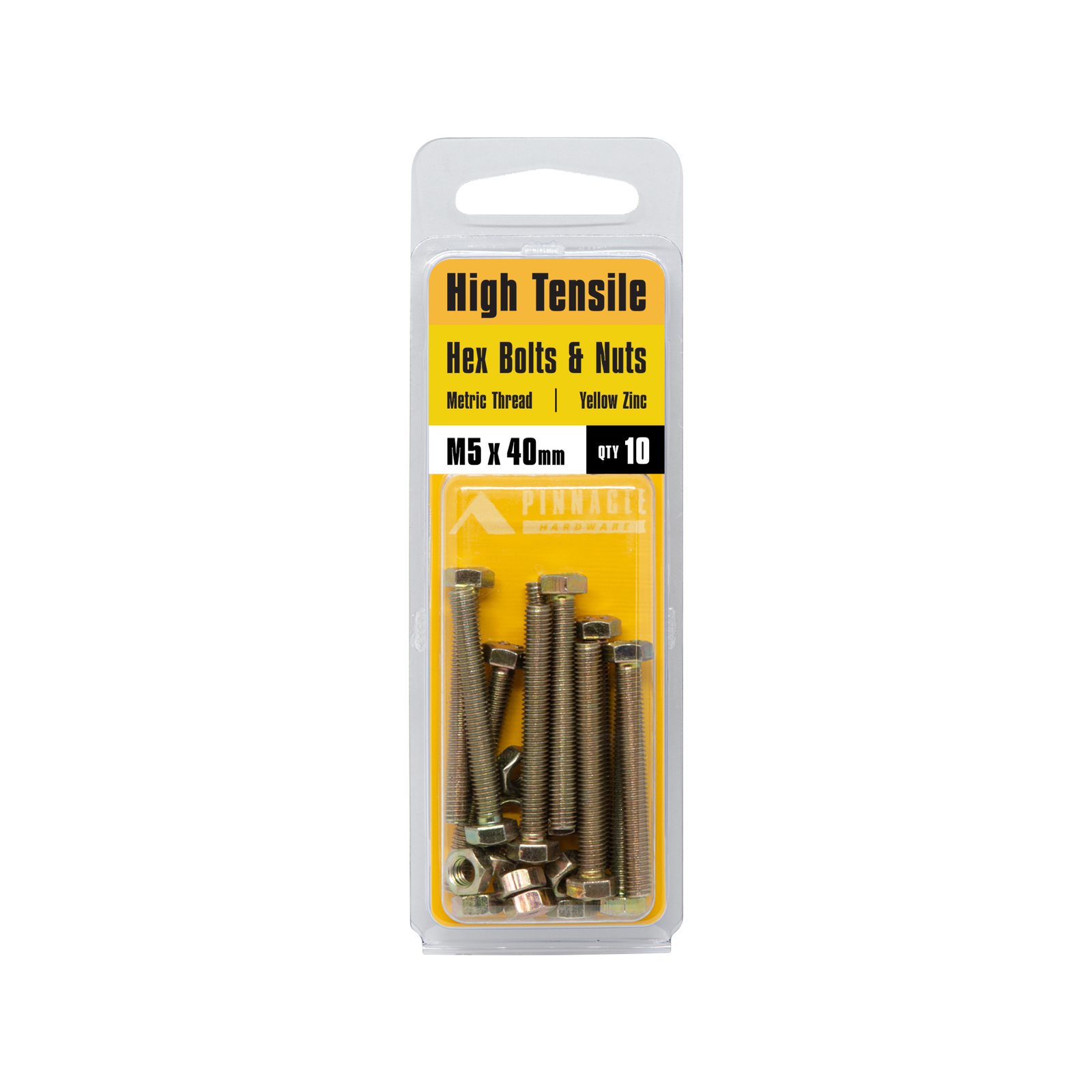 Pinnacle Hardware 5 x 40mm Yellow Zinc Hi Tensile Hex Bolt and Nut 10 Pack