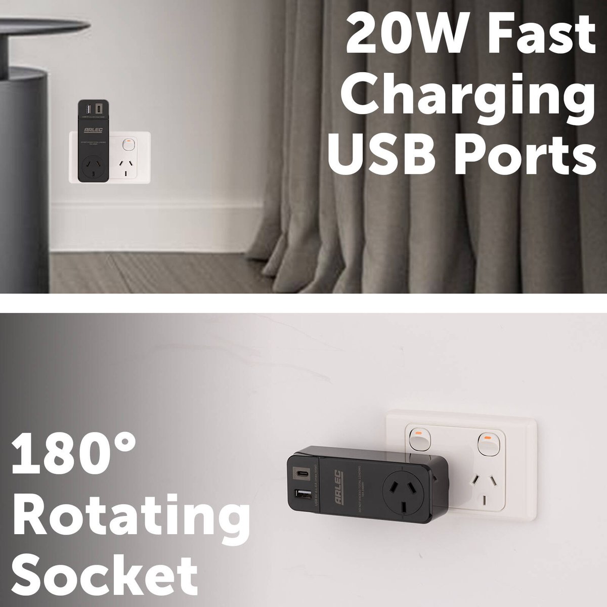 Arlec Power Adaptor with PD20W USB and 180 Degree Rotating Socket Black DA36PD20