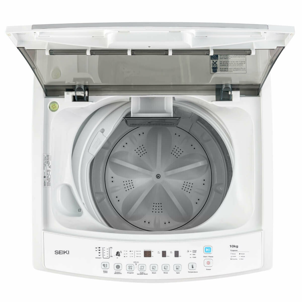 Seiki 10kg Top Load Washing Machine - White, Ultrasonic Cleaning, Fuzzy Logic, 6 Wash Programs - SC-1000AU7TLW