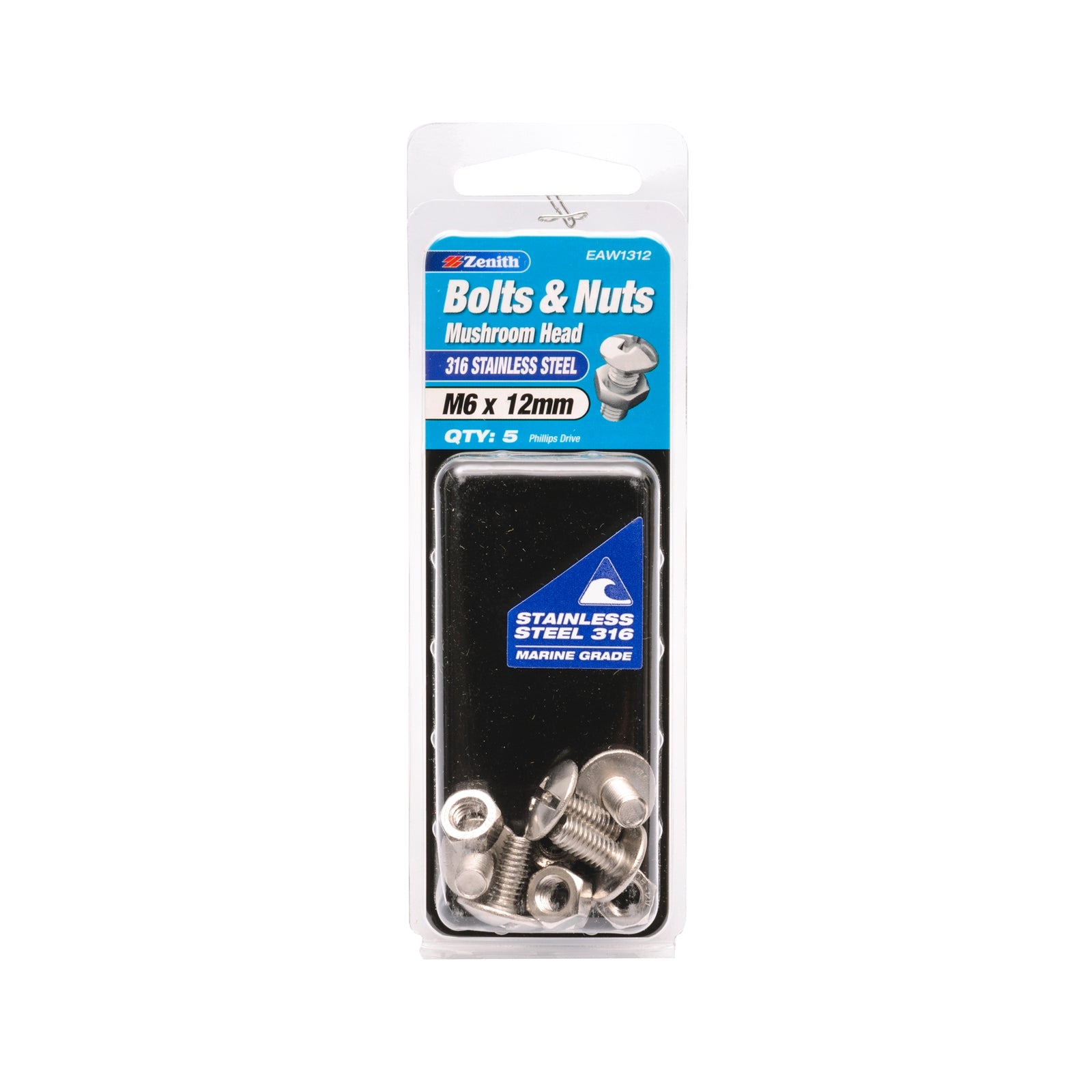 Zenith M6 x 12mm 316 Stainless Steel Mushroom Head Bolt and Nut 5 Pack
