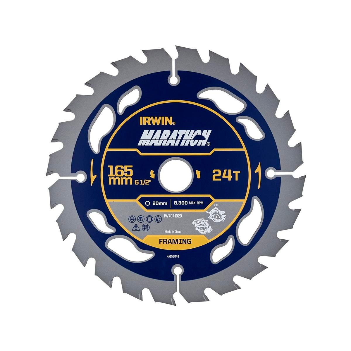 Irwin 165mm 24T Marathon Circular Saw Blade, 20mm Arbor 16mm Bush