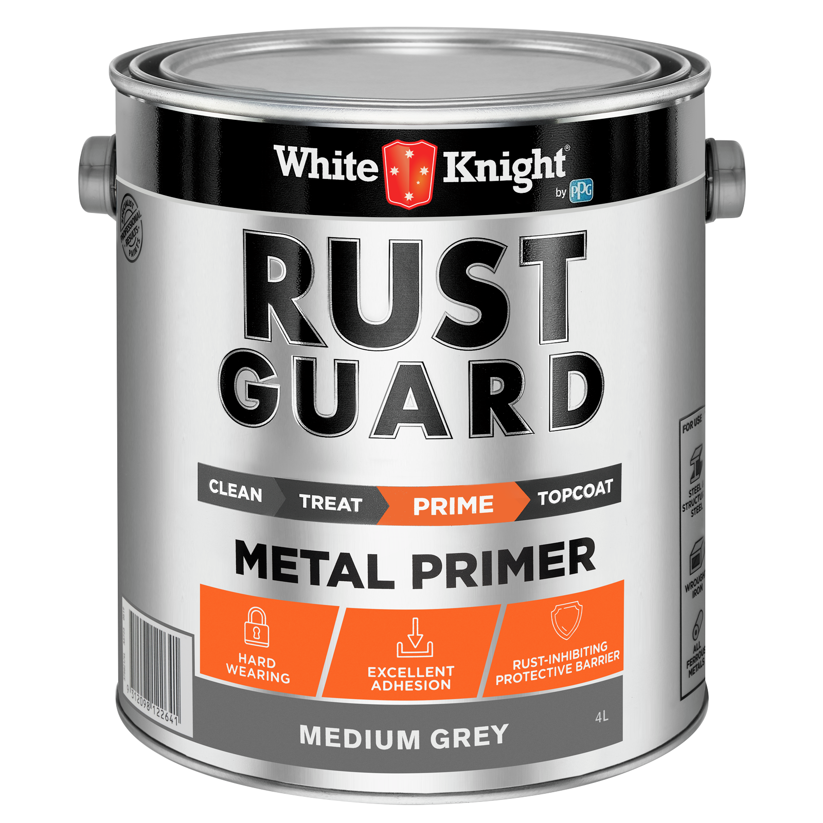 White Knight Rust Guard Metal Primer 4L - Medium Grey Solvent Based Rust-Inhibiting Primer