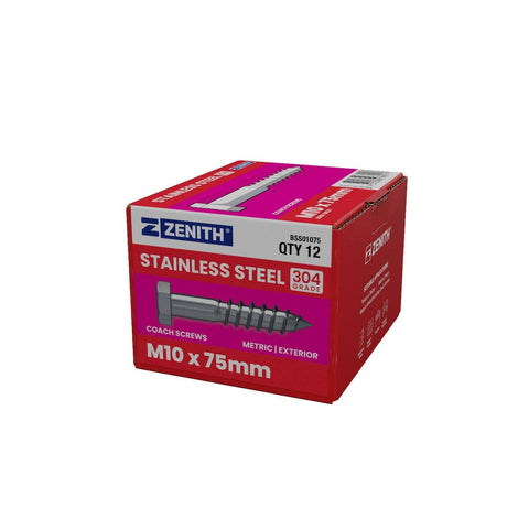 Zenith Hex Head Coach Screws M10 x 75mm Stainless Steel 304 Grade 12 Pack - SuperSaverAU - view 1