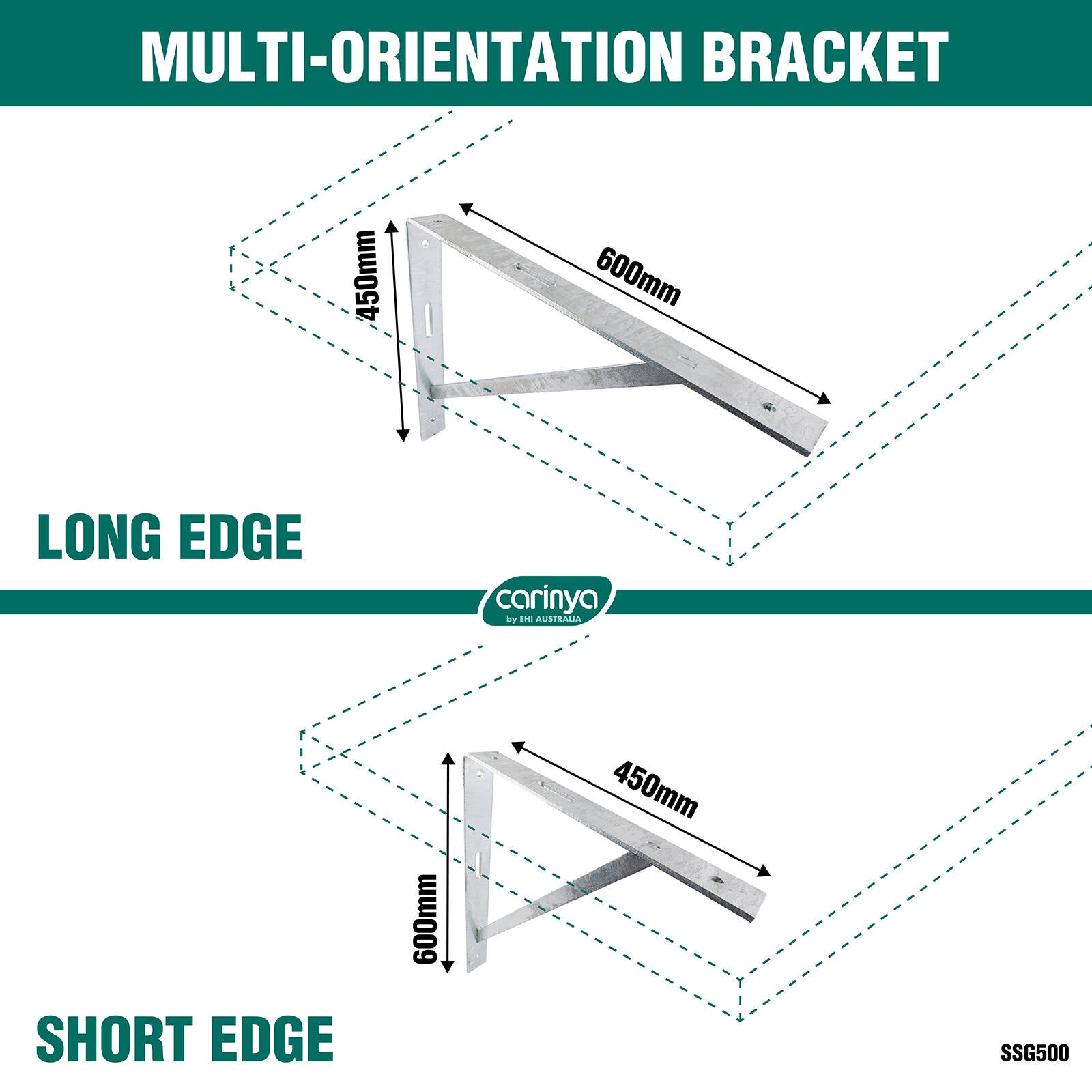 Carinya 500 x 400mm Galvanised Steel Heavy Duty Straight Stay Bracket 200kg