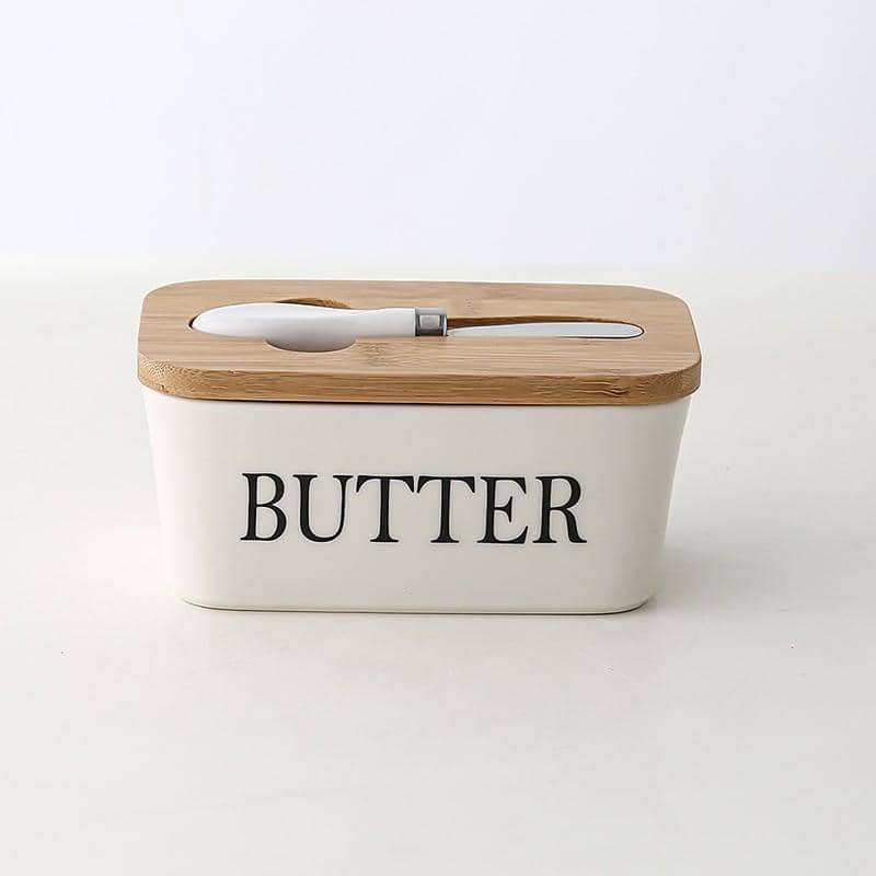 Ceramic Butter Dish with Bamboo Lid and Butter Knife, White - view 4