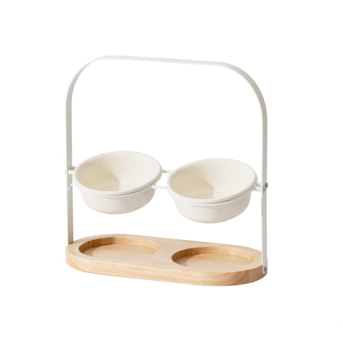 Ceramic Cat Bowl Adjustable Height Double Bowl with Oak Base - White