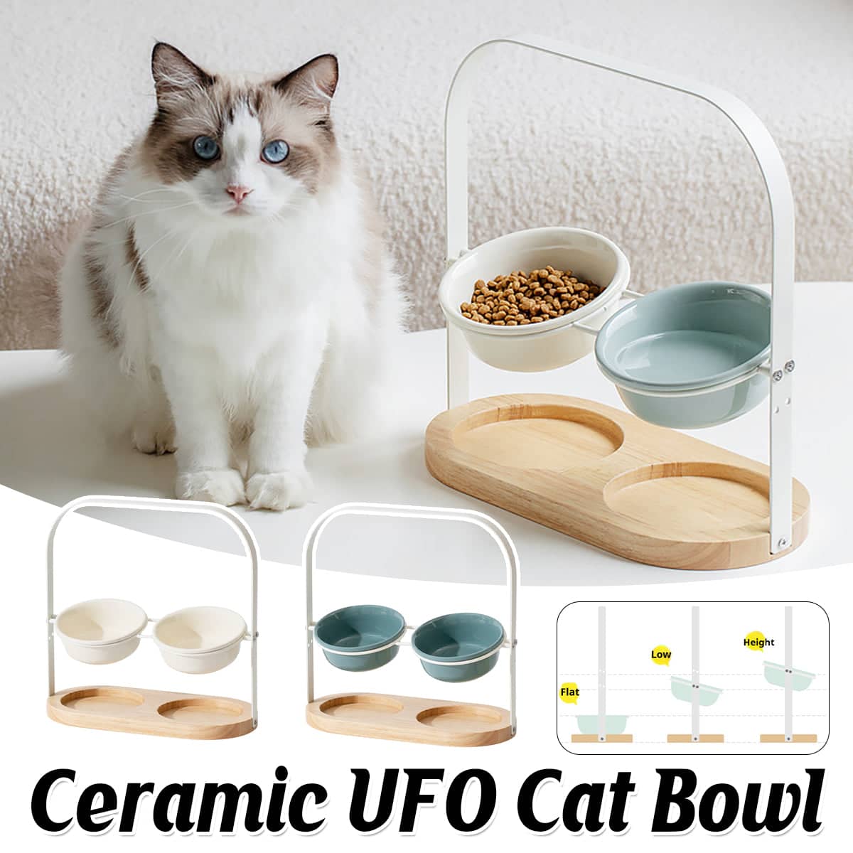 Ceramic Cat Bowl Adjustable Height Double Bowl with Oak Base - White - view 2