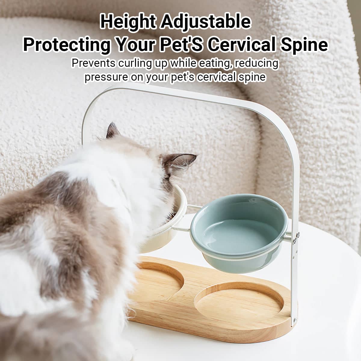Ceramic Cat Bowl Adjustable Height Double Bowl with Oak Base - White - view 5