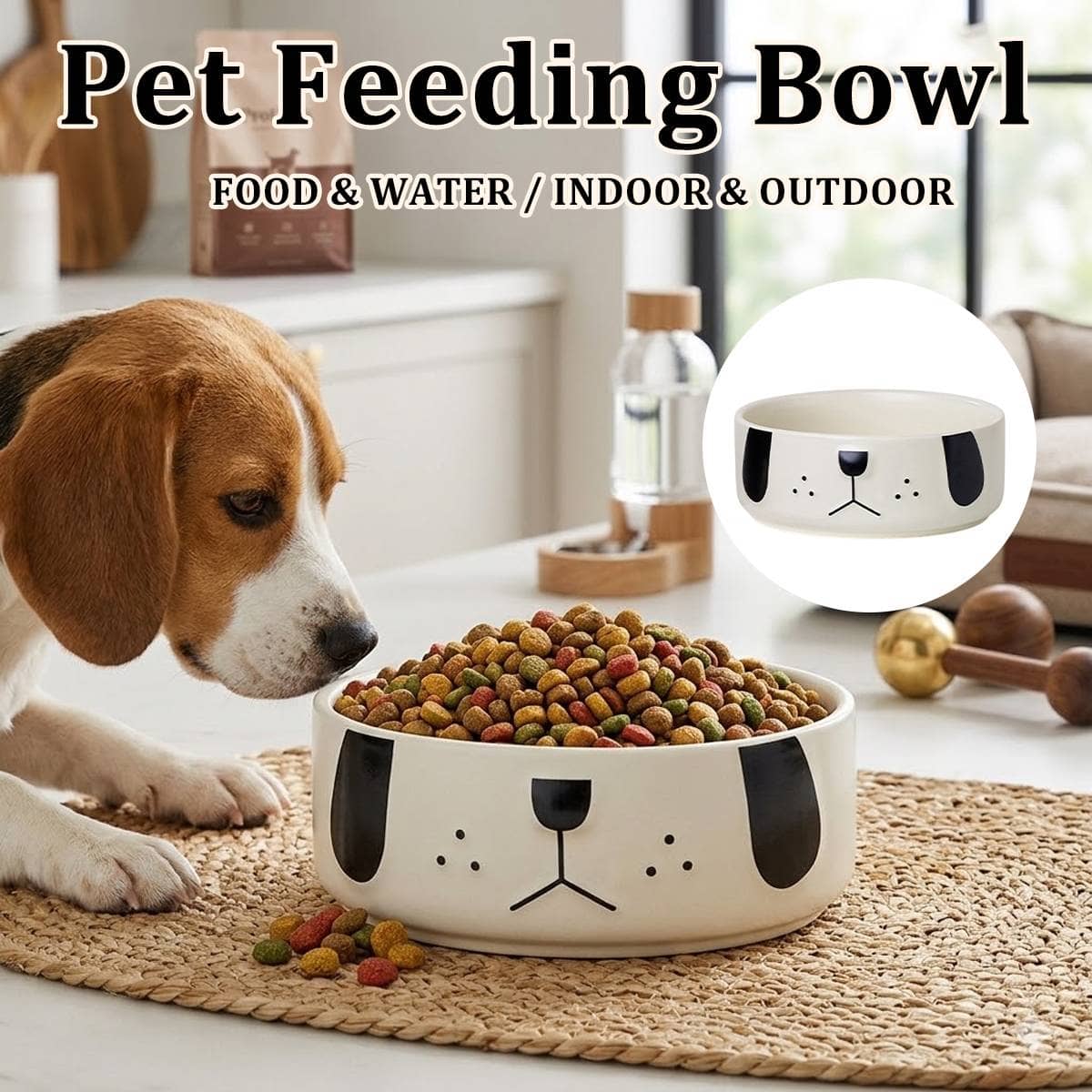 Ceramic Dog Face Pet Feeding Bowl for Cats and Dogs - Cream, 16 cm
