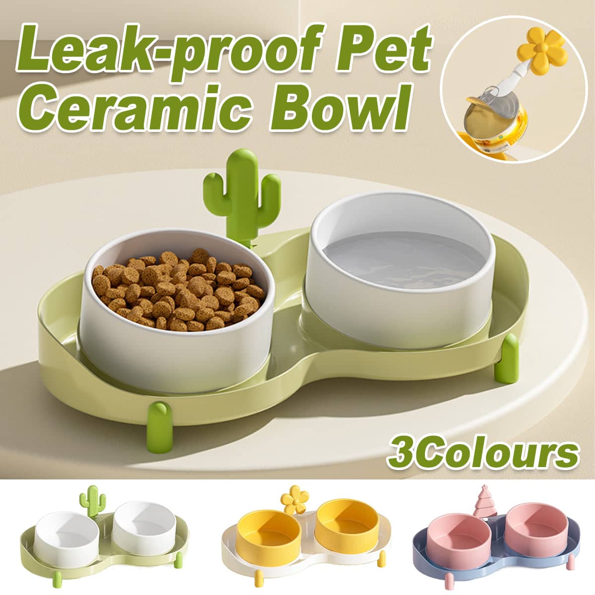 Ceramic Double Cat Bowl, 15 Degree Tilted Feeder - Yellow and White with Flower Detail - view 2