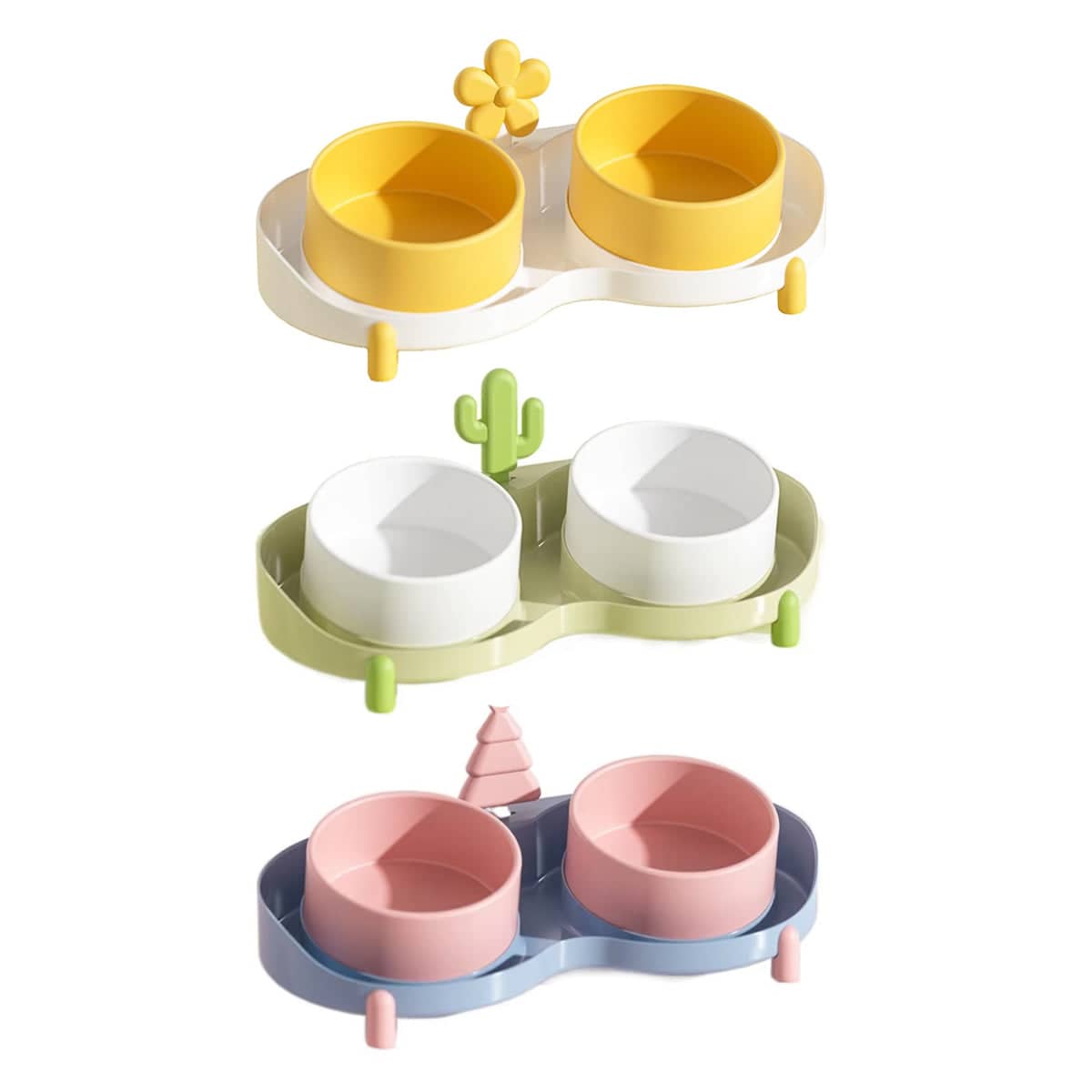 Ceramic Double Cat Bowl, 15 Degree Tilted Feeder - Yellow and White with Flower Detail - view 3
