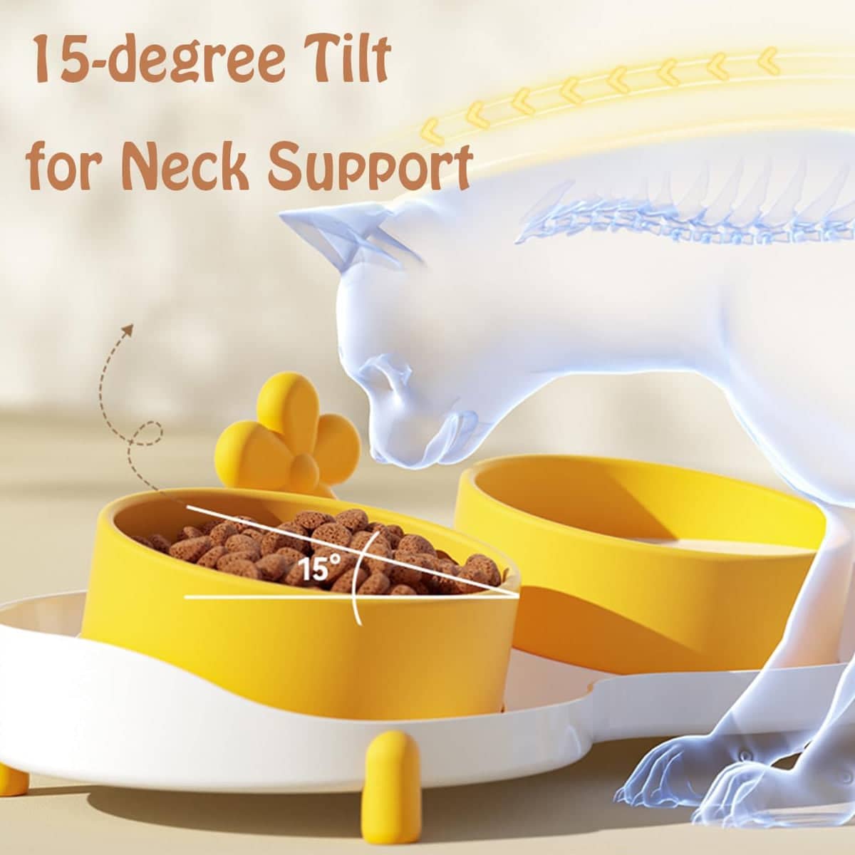 Ceramic Double Cat Bowl, 15 Degree Tilted Feeder - Yellow and White with Flower Detail - view 5