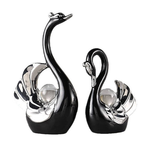 Ceramic Swan Figurine Set of 2 Tabletop Ornaments - Black
