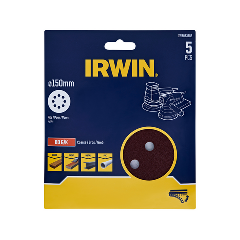 Irwin 150mm 80 Grit 8-Hole Quick Fit Orbital Sanding Discs - 5 Pack