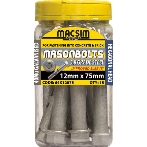 Macsim 12 x 75mm Galvanised Masonry Sleeve Anchor, Hex Nut - 15 Pack