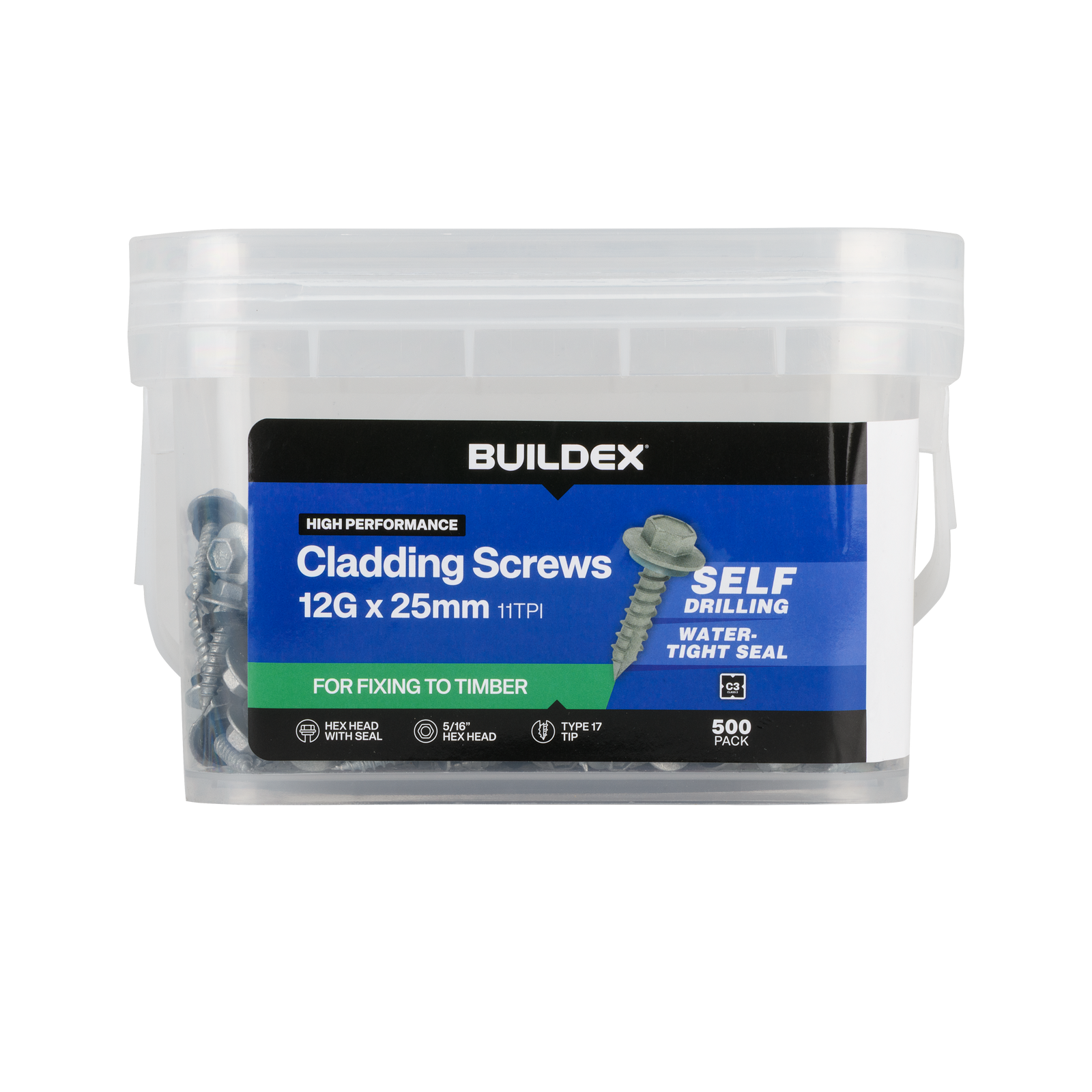Buildex 12G x 25mm Class 3 Cladding Screws with Seal, Type 17 Hex Head - 500 Pack