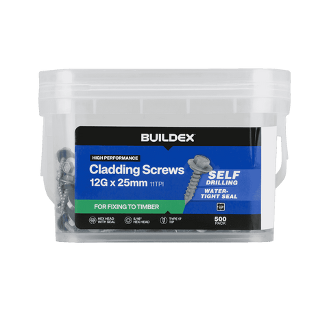 Buildex 12G x 25mm Class 3 Cladding Screws with Seal, Type 17 Hex Head - 500 Pack