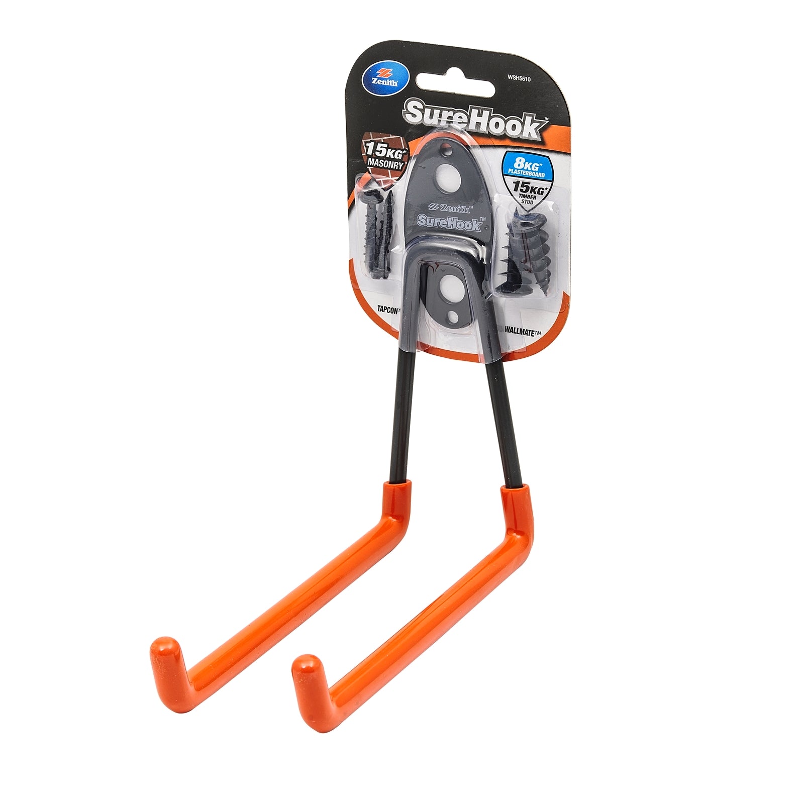 Zenith SureHook 8/15kg Black Large Garage U Hook - Carbon Steel, Rubberised Coating