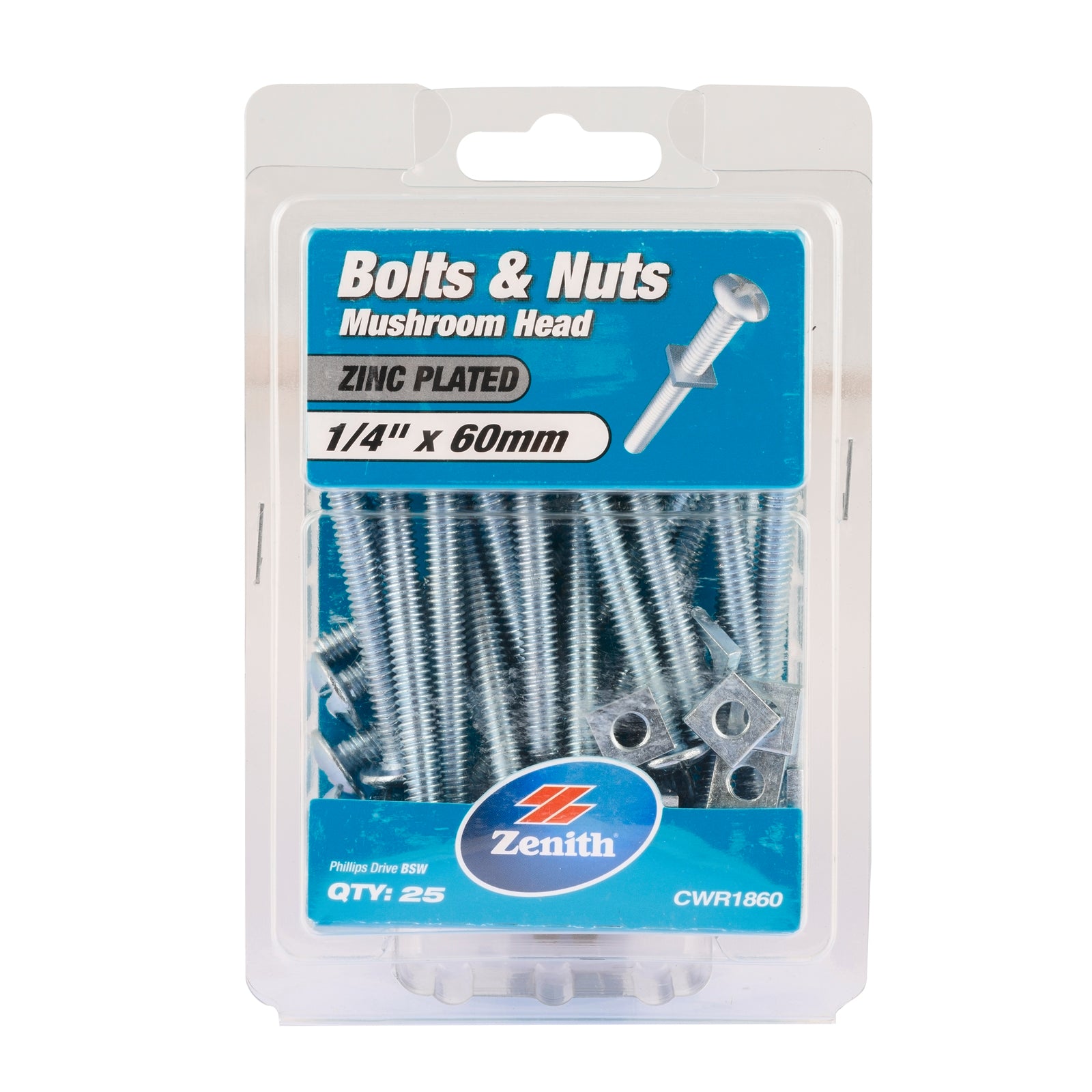 Zenith 1/4" x 60mm Zinc Plated Mushroom Head Bolts and Nuts - 25 Pack
