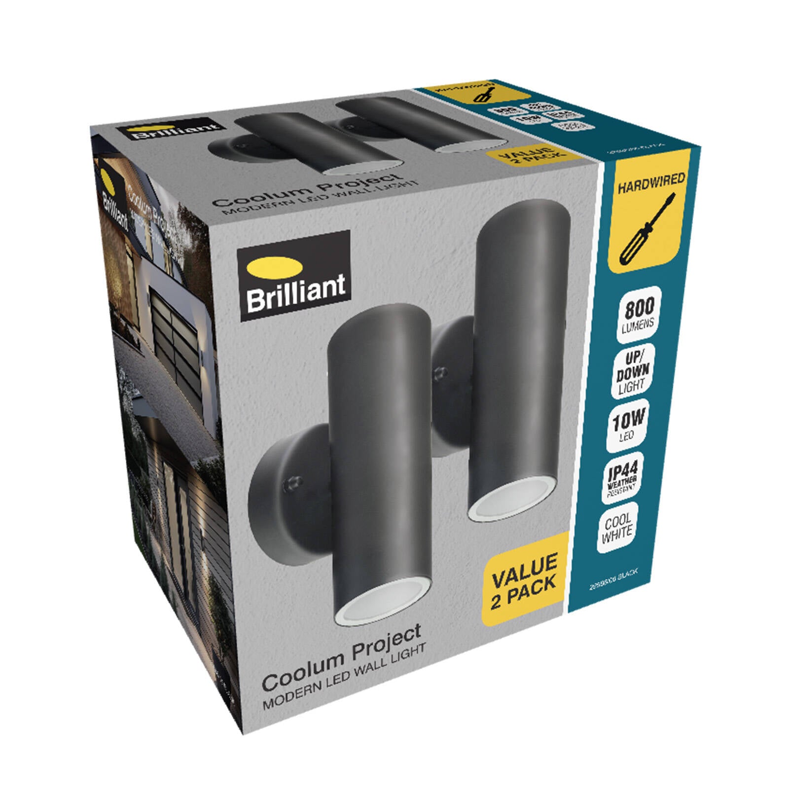 Brilliant Coolum Project Modern LED Twin Pack Wall Light Black 10W, Wall/Pillar/Post Mount, Outdoor 22586/06