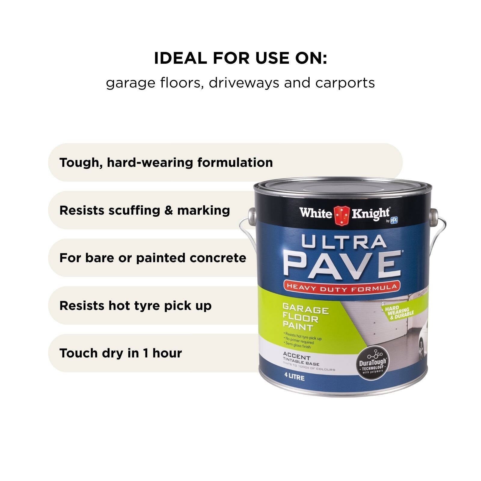 White Knight Ultra Pave 4L Accent Heavy Duty Garage Floor Paint - Oil Based, UV Resistant, 14m2/L