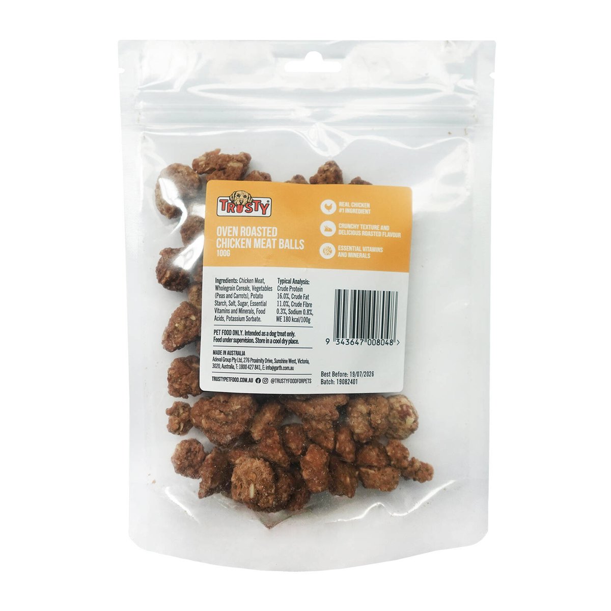 Trusty Oven Roasted Chicken Meat Balls Dog Treats - 100g - High Protein, Low Fat - SuperSaverAU - view 1