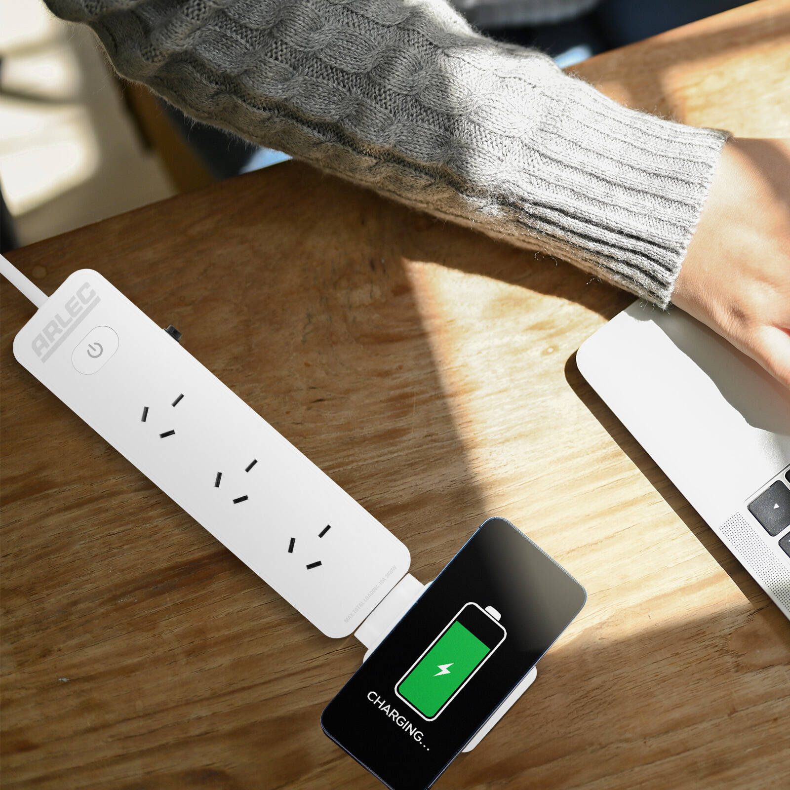 Arlec 4 Outlet Powerboard with Detachable 10W Wireless Charger, 240V, Overload Protection PB4MWC