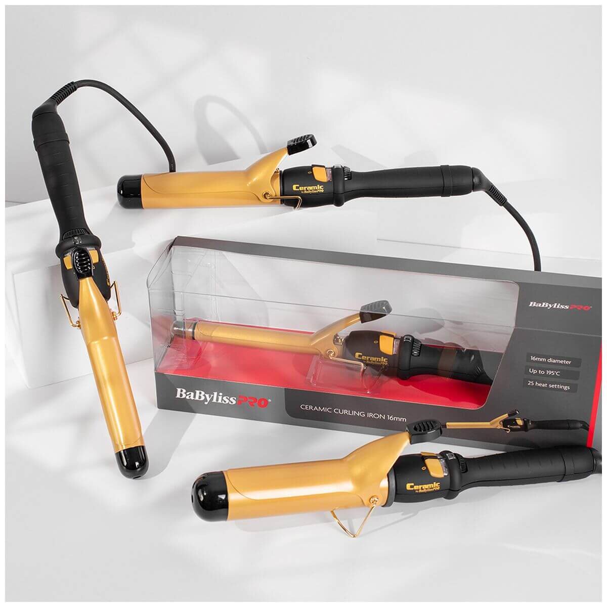 BaBylissPRO 25mm ceramic curling iron - black and gold, 25 heat settings, fast heat up, swivel cord - 900783