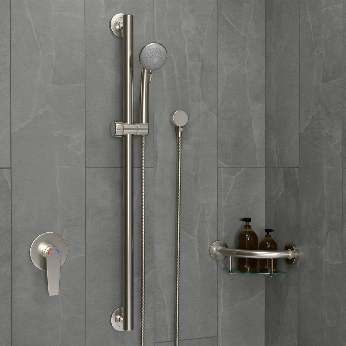 Evekare 900mm Brushed Nickel Grab Rail & 3 Function Shower, 2m Hose, 8.5L/min, 250kg, 3 Star WELS