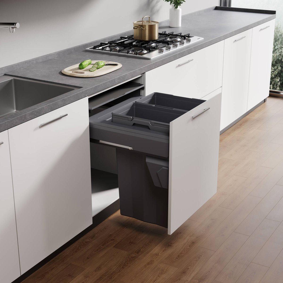 Kaboodle 2 x 37L Grey Side Mount Pullout Bin to Suit 600mm Base Cabinet