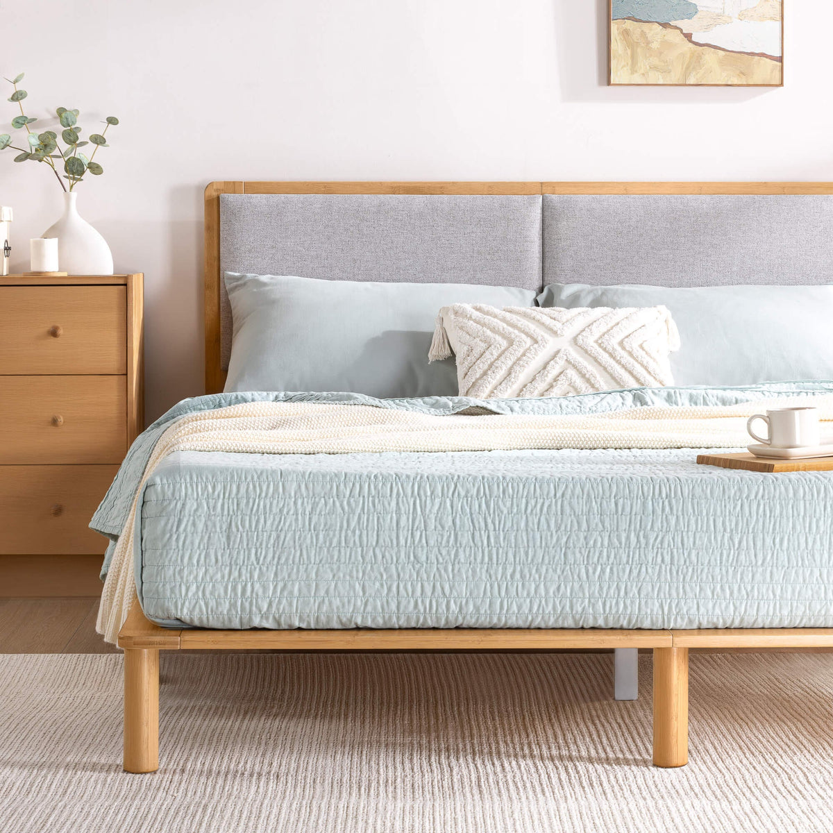 Zinus Arden queen bamboo bed frame - upholstered headboard, natural finish, slatted support - AU-FPWNH8ZC-08Q