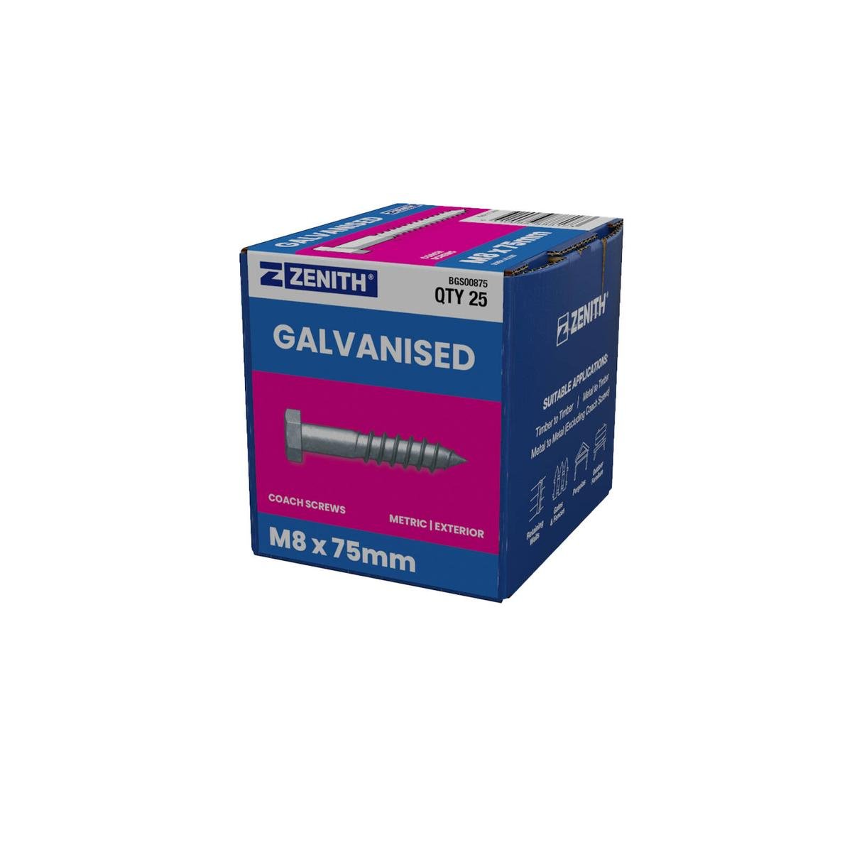Zenith Hot Dip Galvanised Hex Head Coach Screws M8 x 75mm 25 Pack - SuperSaverAU - view 1