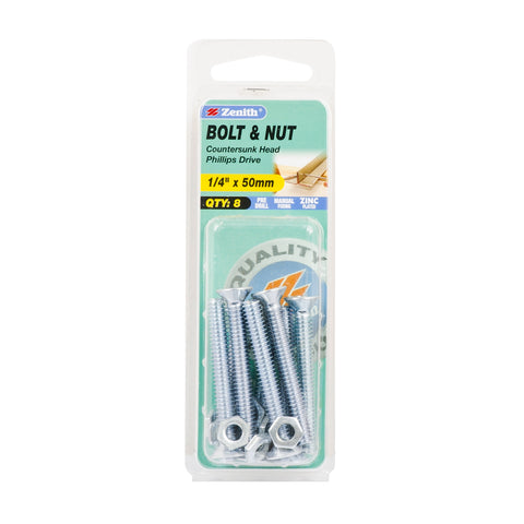 Zenith 1/4" x 50mm Zinc Plated Countersunk Bolt and Nut - Steel, 8 Pack