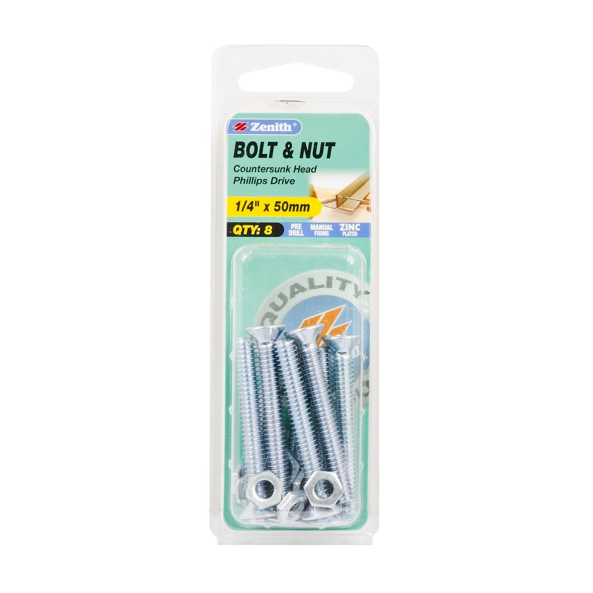 Zenith 1/4" x 50mm Zinc Plated Countersunk Bolt and Nut - Steel, 8 Pack
