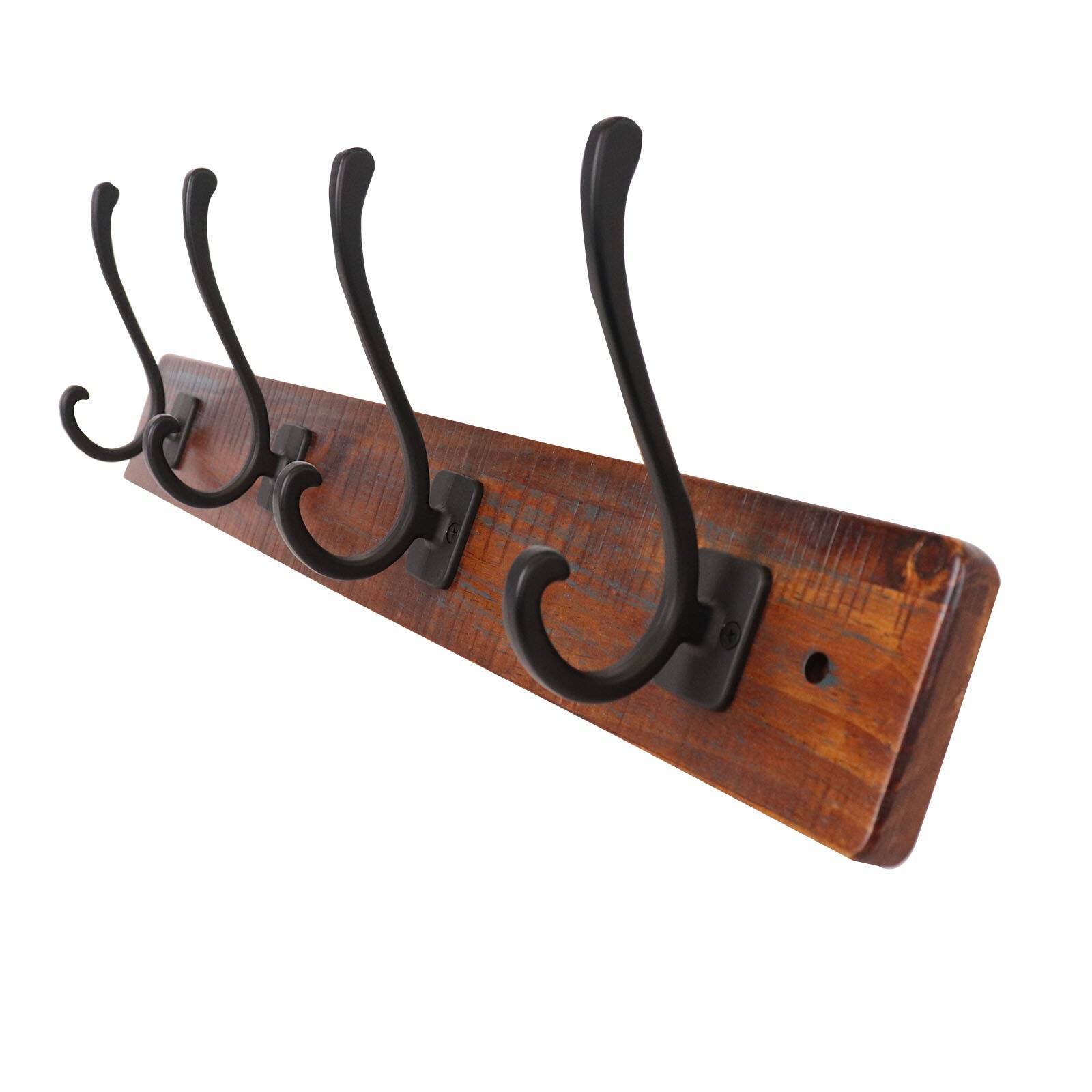 Adoored Rustic Board Deco Hook Rack 600mm, 4 Black Hooks for Entryways