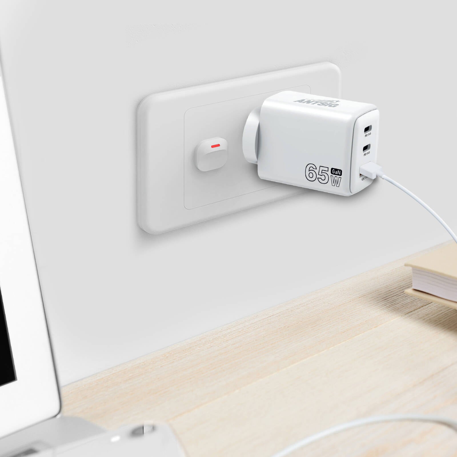 Antsig 65W Multi Port Wall Charger - USB-C 65W + Dual USB-A, GaN Fast Charge APWC65WA2C