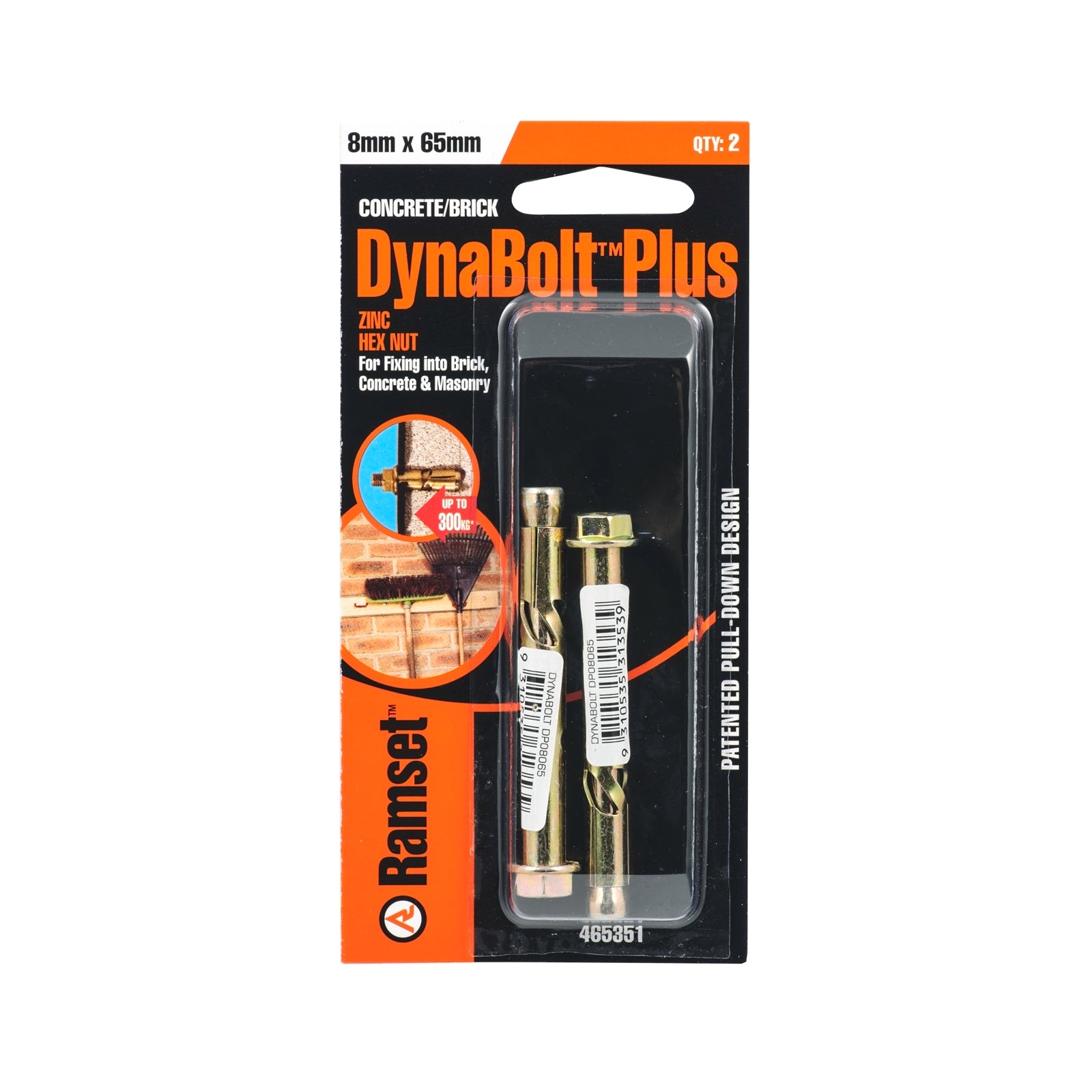 Ramset 8 x 65mm DynaBolt Plus Hex Nut Masonry Sleeve Anchor - 2 Pack