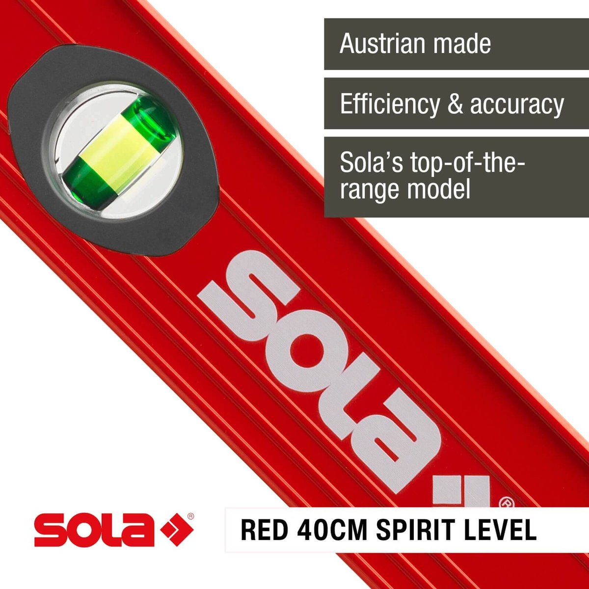 Sola 40cm Red Aluminium Spirit Level 3 Vials Waterproof