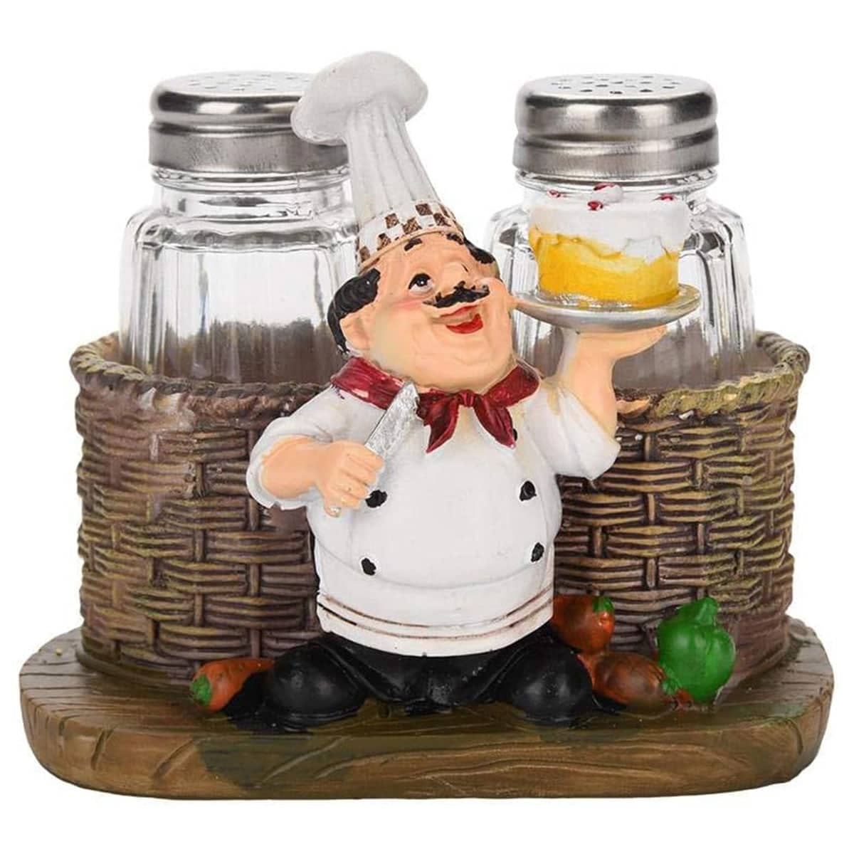Chef Resin Pepper Shaker Holder Ornament with Two Glass Bottles for Kitchen Decor - view 2