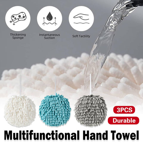 Chenille Hand Towel Ball Set, Pack of 3 with Hanging Loop, 17 x 17 cm